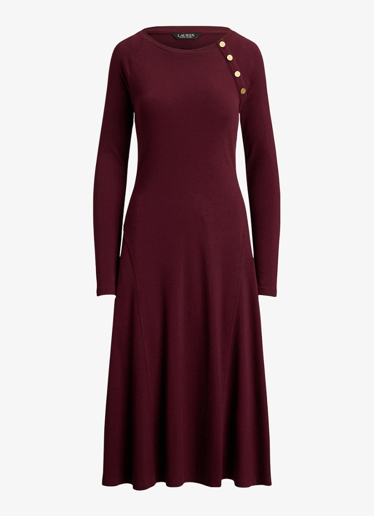 Ralph Lauren Dames Ribgebreide midi jurk met sierknopen in de kleur Dark Garnet / Bordeauxrood