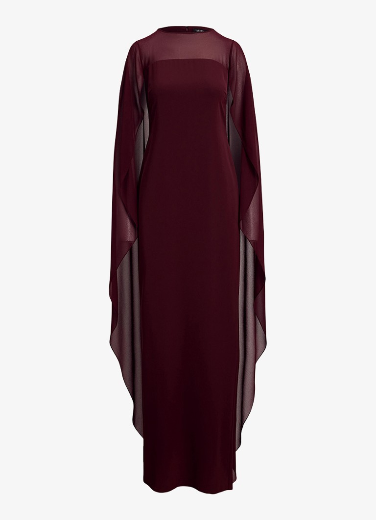 Ralph Lauren Dames Semi-transparante maxi jurk met cape in de kleur Dark Garnet / Bordeauxrood
