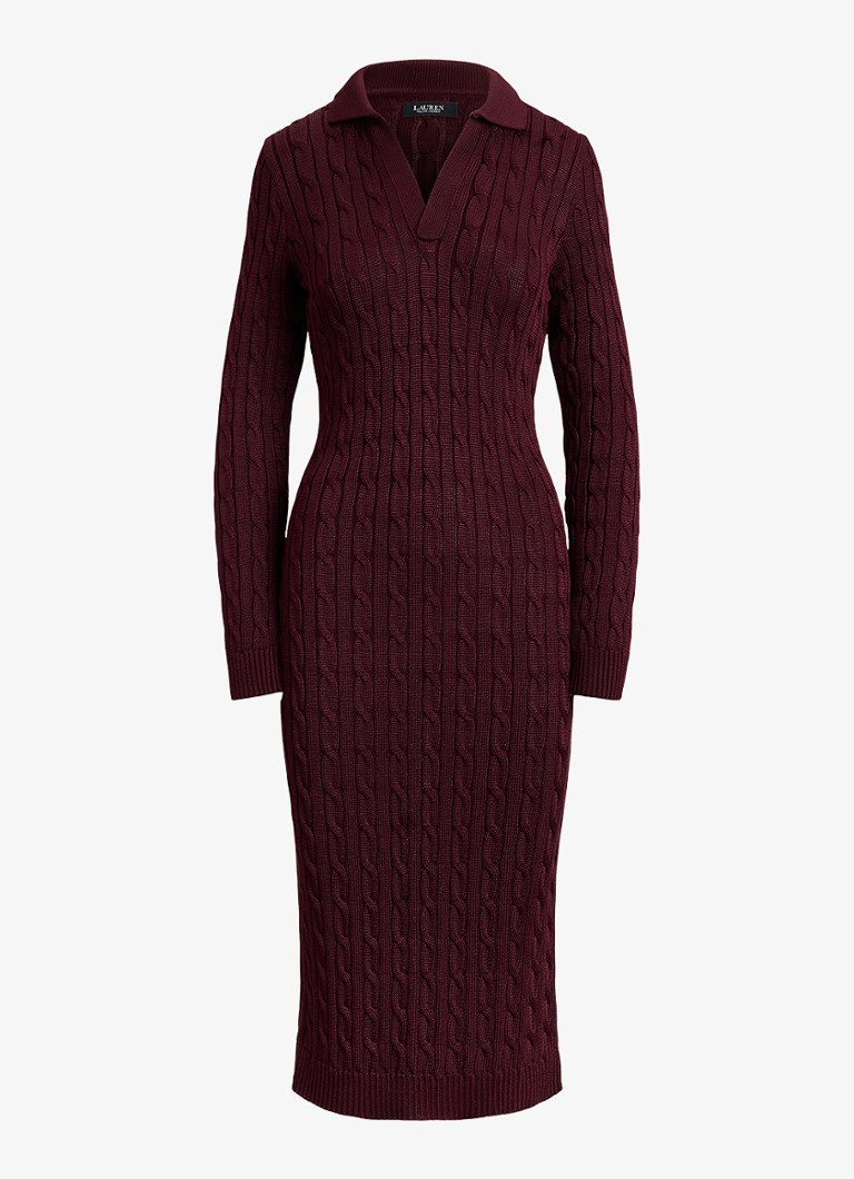 Ralph Lauren Dames Kabelgebreide midi trui-jurk met kraag in de kleur Dark Garnet / Bordeauxrood