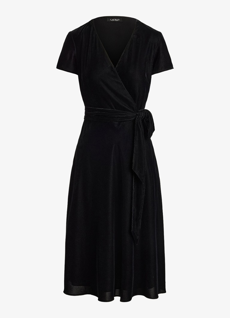 Ralph Lauren Dames Midi wikkeljurk van fluweel met strikceintuur in de kleur Black Velvet / Zwart