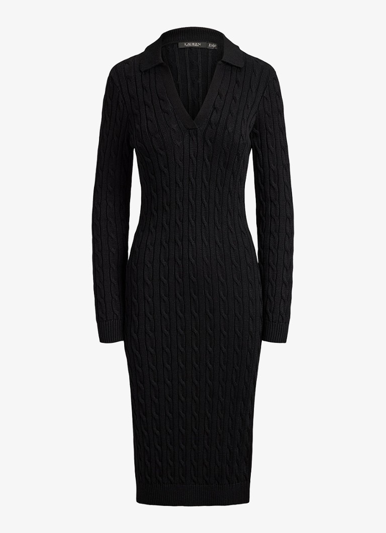 Ralph Lauren Dames Kabelgebreide midi trui-jurk met kraag in de kleur Zwart