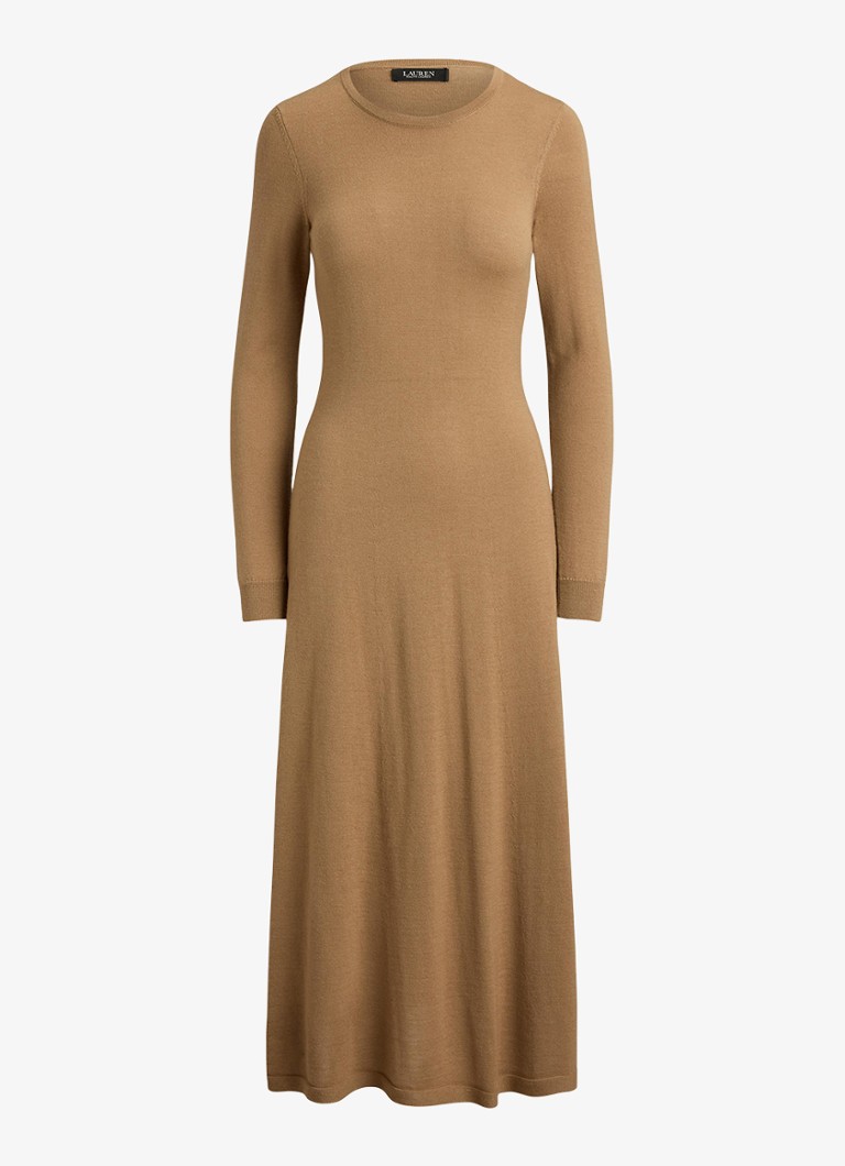 Ralph Lauren Dames Midi jurk van wol met ronde hals in de kleur Lauren Camel / Beige