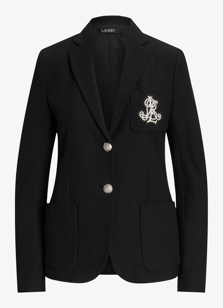 Ralph Lauren Dames Blazer van piqué katoen met metallic logoborduring in de kleur Polo black / zwart
