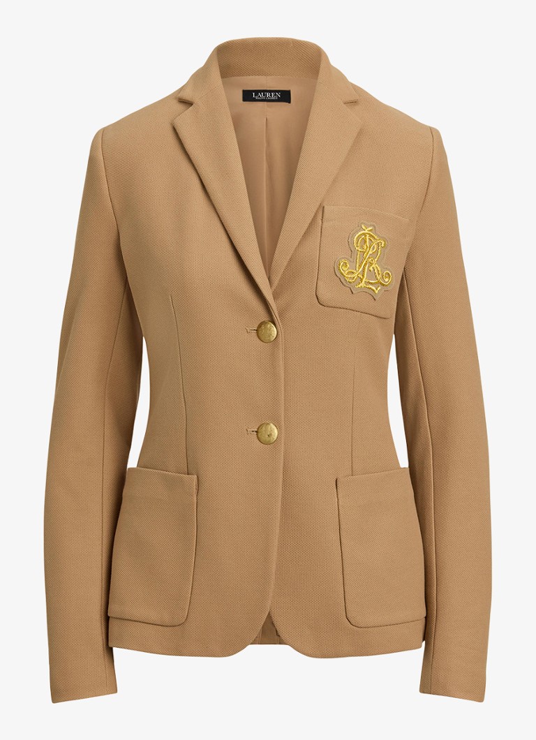 Ralph Lauren Dames Blazer van piqué katoen met metallic logoborduring in de kleur Camel