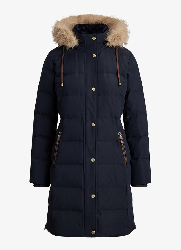 Ralph Lauren Dames Donsjas met capuchon en imitatiebont in de kleur Blauw