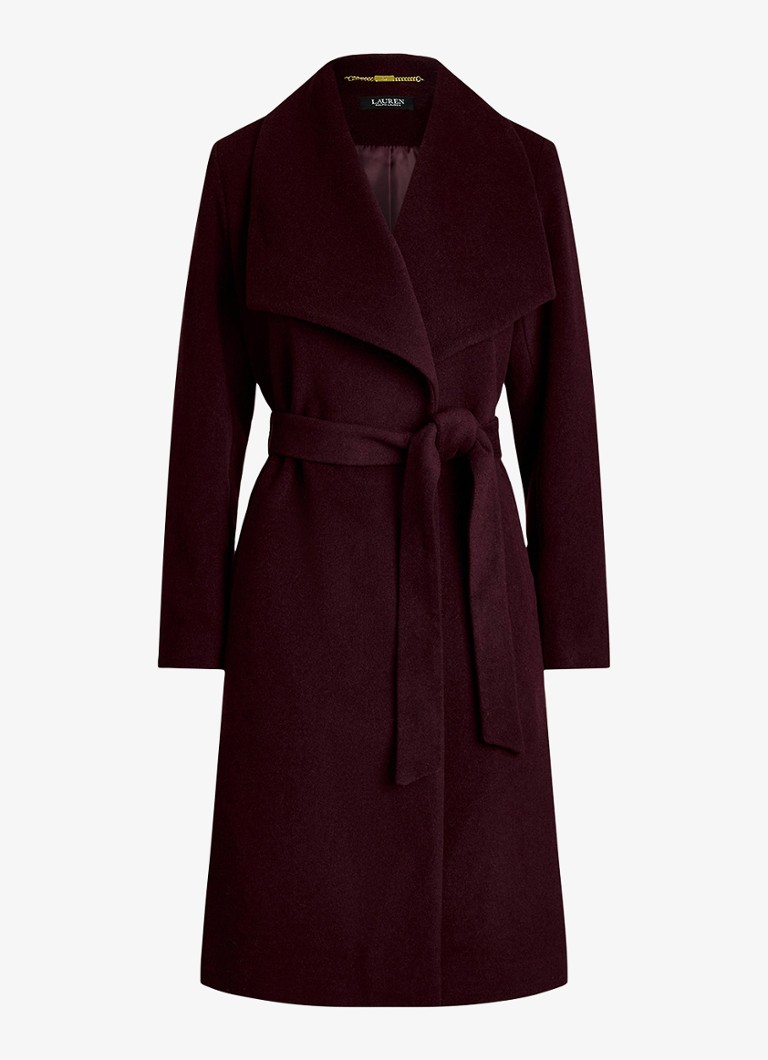 Ralph Lauren Dames Mantel in kasjmierblend met schoudervulling en ceintuur in de kleur Pinot Noir / Bordeauxrood