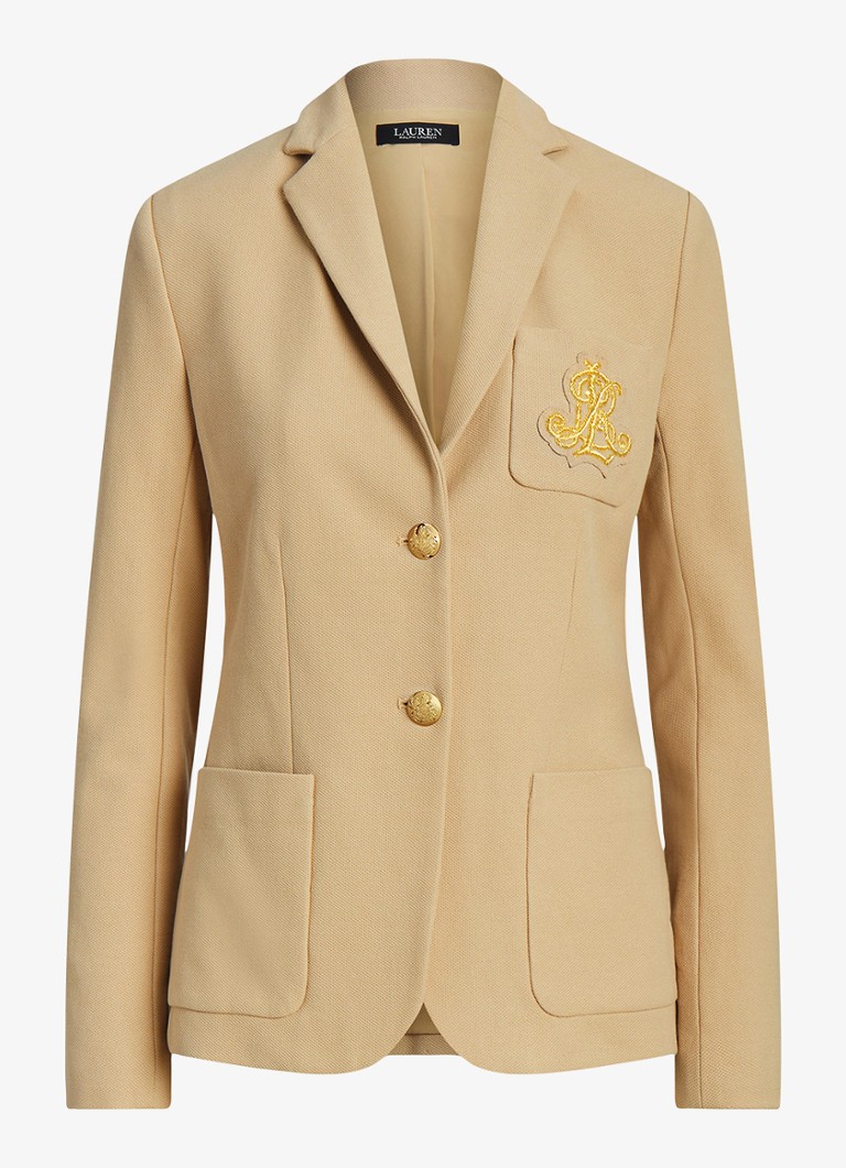 Ralph Lauren Dames Blazer van piqué katoen met metallic logoborduring in de kleur Birch tan / beige