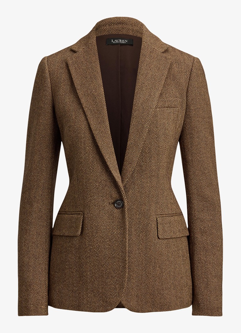 Ralph Lauren Dames Blazer in wolblend met visgraat dessin en klepzakken in de kleur Brown/Tan Multi / Bruin
