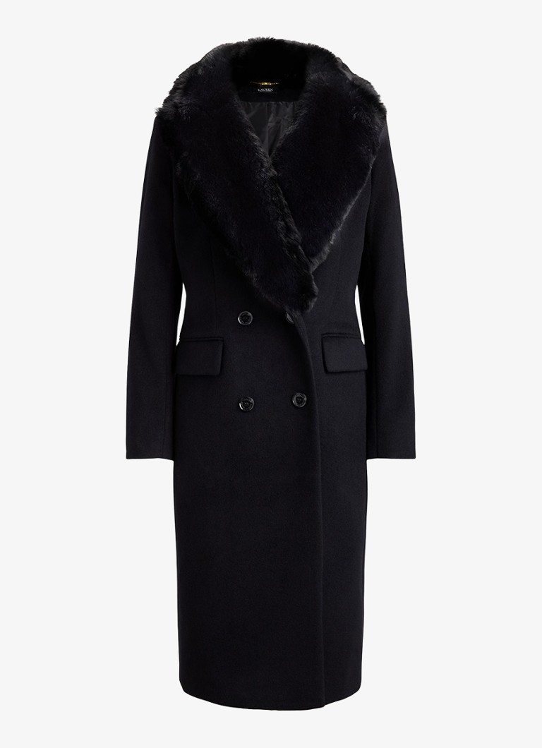 Ralph Lauren Dames Double-breasted mantel met imitatiebont in de kleur Zwart