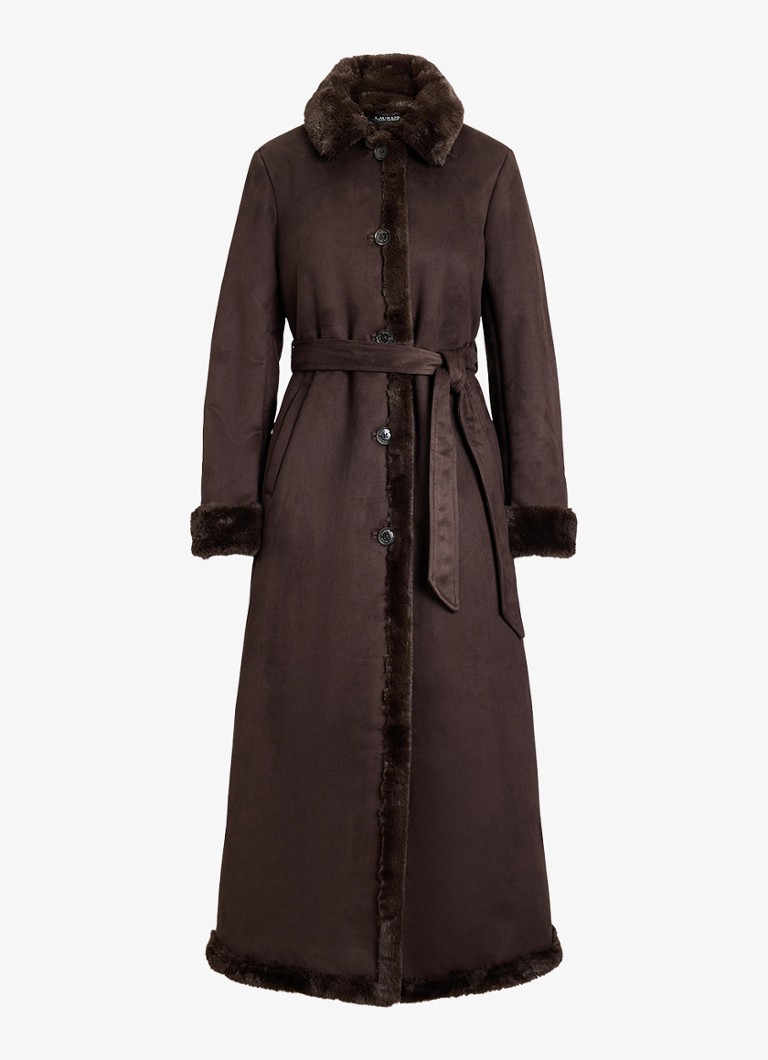 Ralph Lauren Dames Mantel met strikceintuur en imitatiebont in de kleur Circuit Brown / Bruin