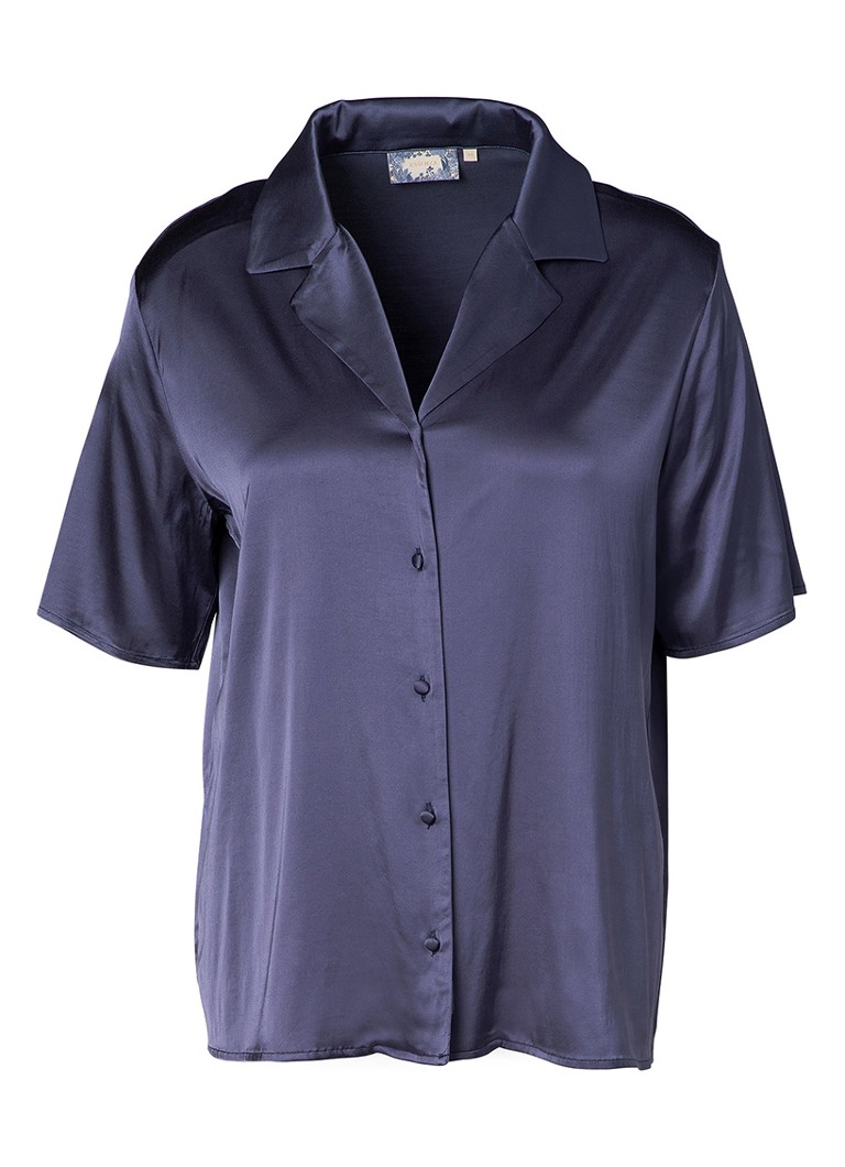 Essenza Dames Elodie pyjamatop van satijn in de kleur Donkerblauw, maat: S