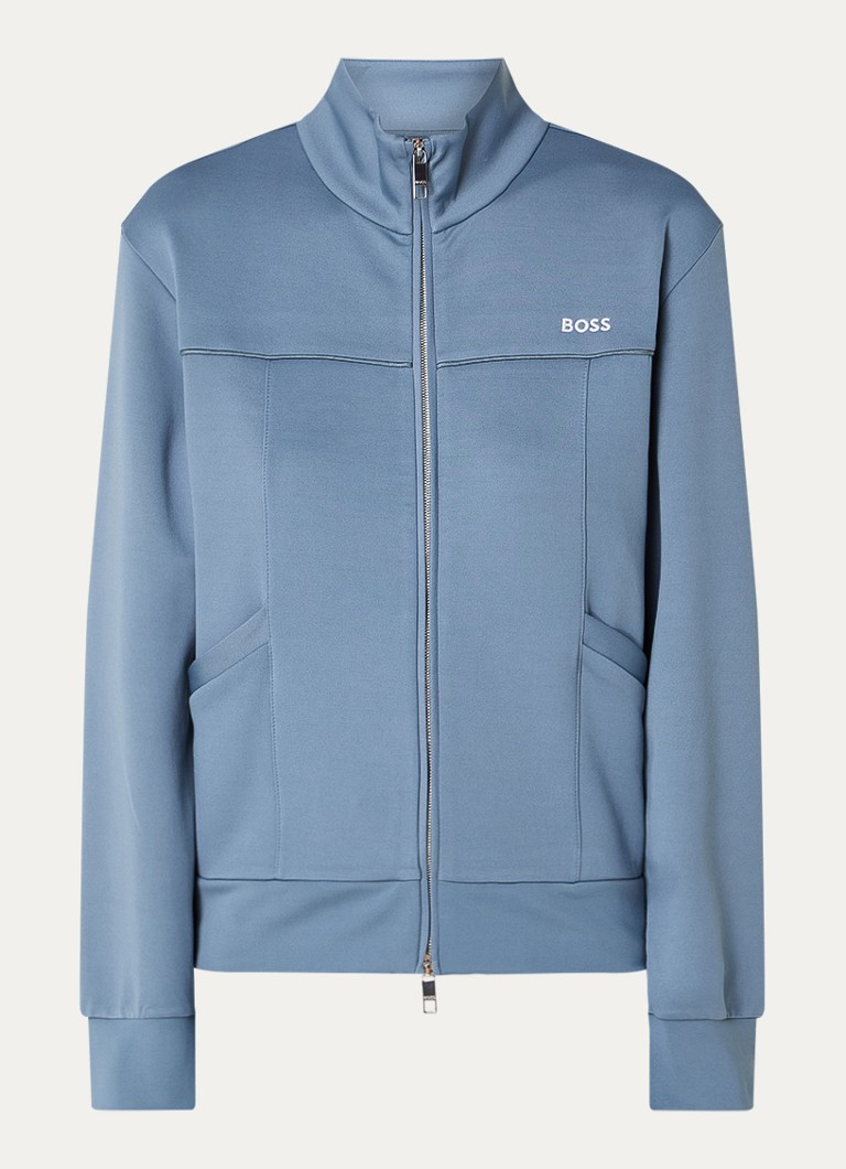 BOSS Dames Erena sweatvest met steekzakken en logo in de kleur Staalblauw