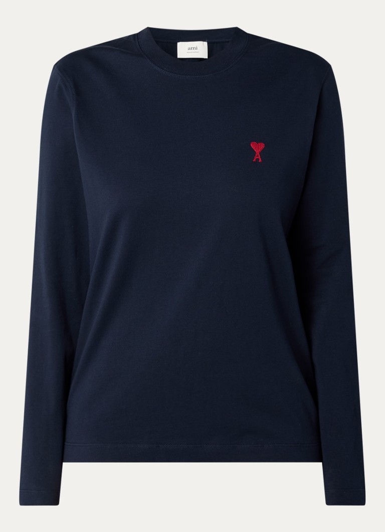 AMI Paris Dames Longsleeve van katoen met logoborduring in de kleur Donkerblauw, maat: L