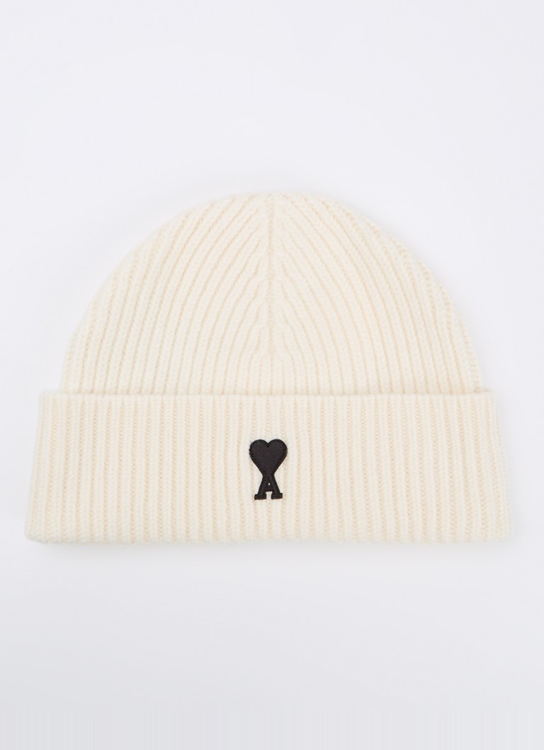 Ami Paris Dames Ribgebreide muts met logoborduring in de kleur Ivoor, maat: One Size