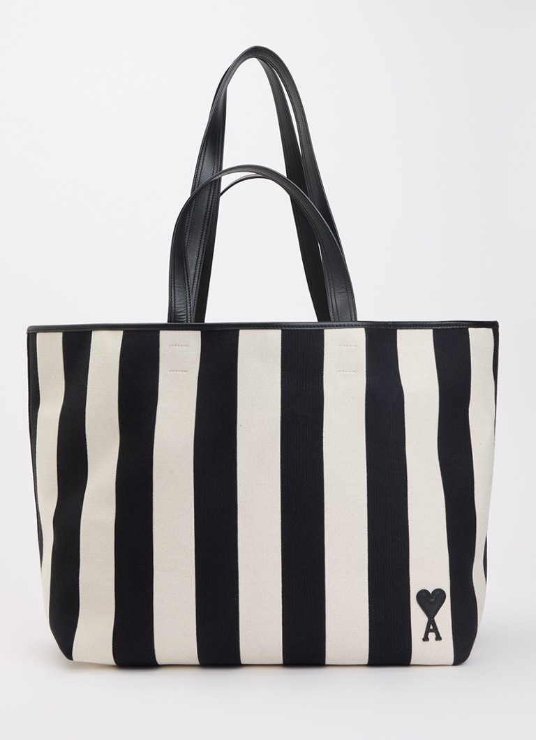 AMI Paris Dames Shopper met streepprint en leren details in de kleur Zwart, maat: One Size