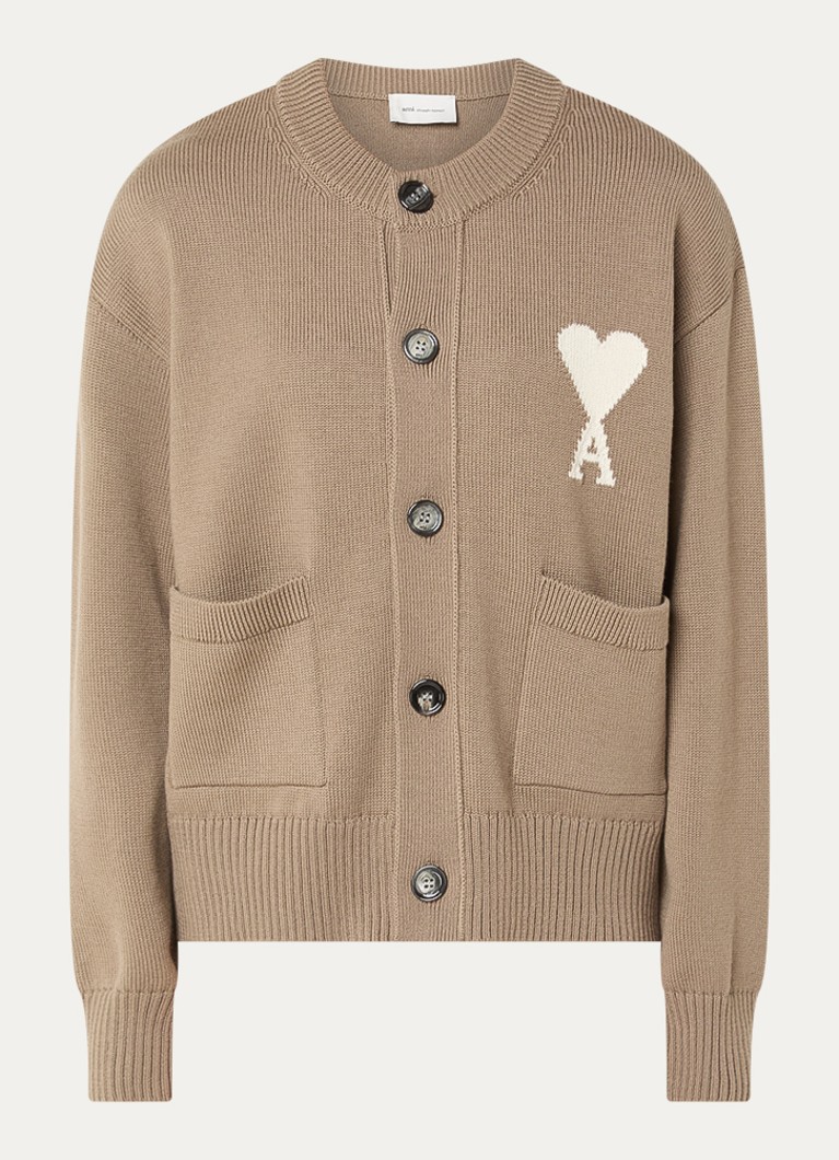 AMI Paris Dames Grofgebreid vest in wolblend met ingebreid logo in de kleur Zand, maat: S