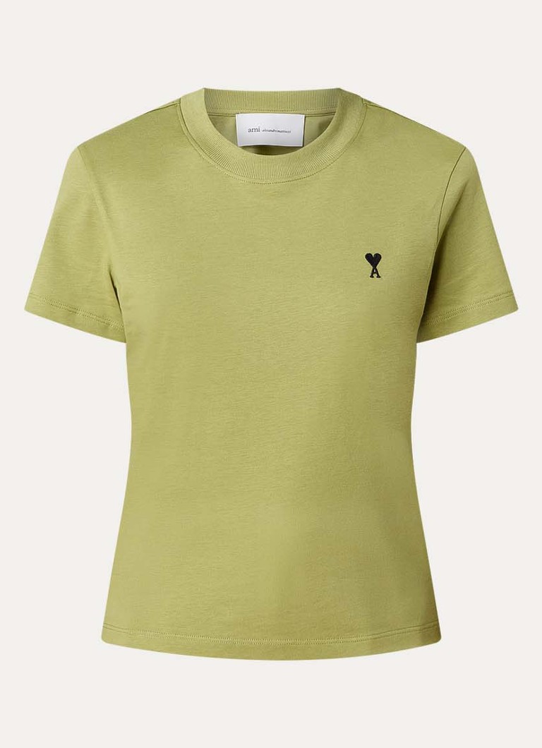 AMI Paris Dames T-shirt met logoborduring in de kleur Mosgroen, maat: XS