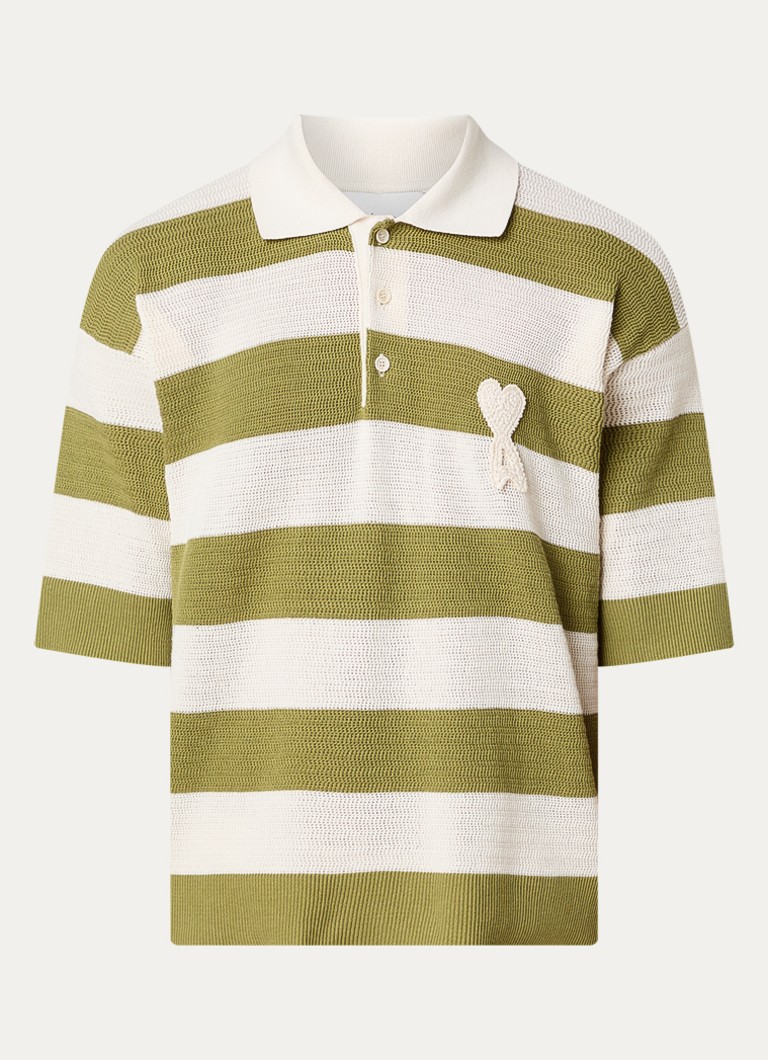 AMI Paris Dames Grofgebreide polo met streepprint en logo in de kleur Mosgroen, maat: L