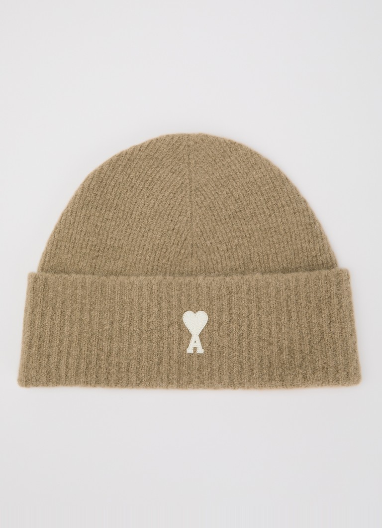 Ami Paris Dames Muts in alpaca wolblend met logoborduring in de kleur Beige, maat: ONE SIZE