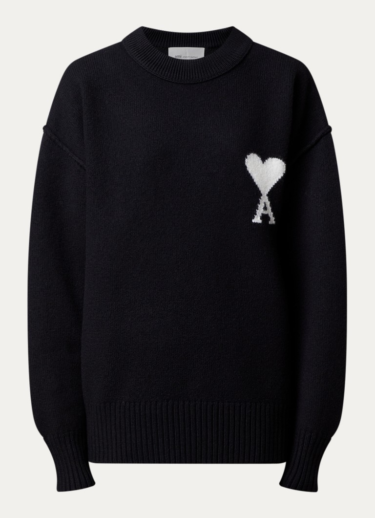 Ami Paris Dames Fijngebreide trui van wol met ingebreid logo in de kleur Zwart, maat: S