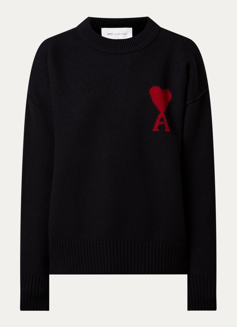 Ami Paris Dames Quota fijngebreide trui van scheerwol met ingebreid logo in de kleur Zwart, maat: M