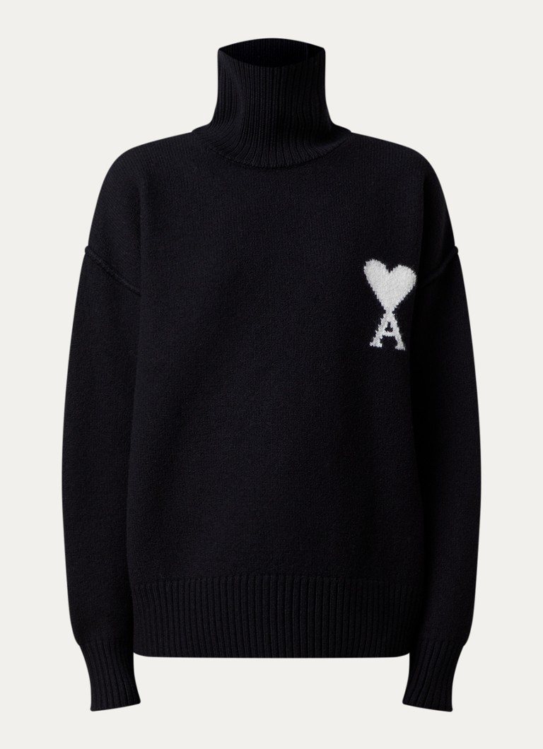 Ami Paris Dames Fijngebreide trui van wol met ingebreid logo in de kleur Zwart, maat: S