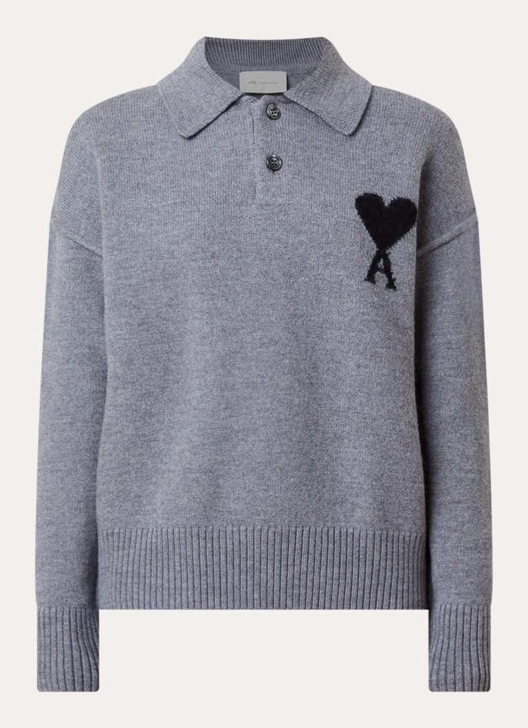 Ami Paris Dames Fijngebreide trui van scheerwol met ingebreid logo in de kleur Grijs, maat: L