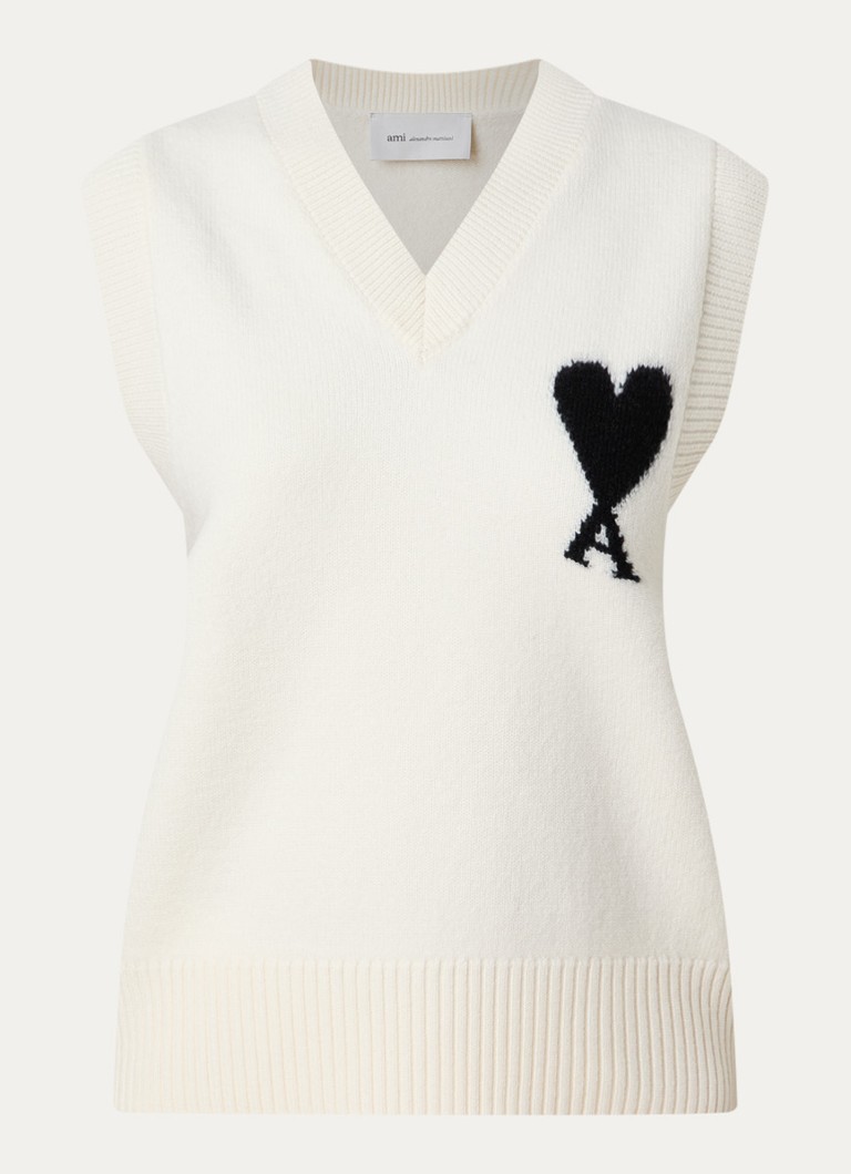 AMI Paris Dames Fijngebreide spencer van wol met logo in de kleur Creme, maat: M