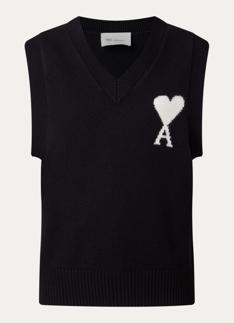 AMI Paris Dames Quota fijngebreide spencer van scheerwol met logo in de kleur Zwart, maat: M