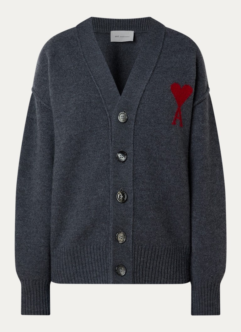 AMI Paris Dames Fijngebreid vest van wol met logoprint in de kleur Antraciet, maat: M