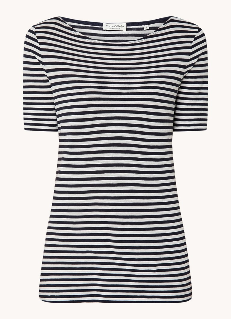 Marc O'Polo Dames T-shirt met boothals en streepprint in de kleur Donkerblauw