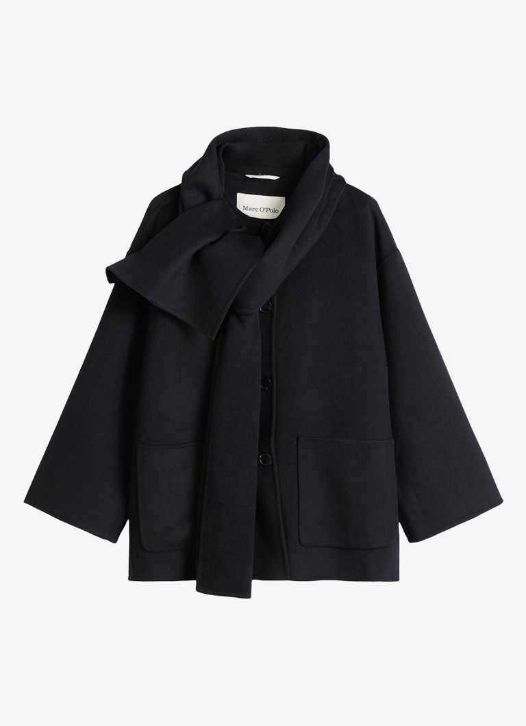 Marc O'Polo Dames Mantel in wolblend met sjaalkraag in de kleur Donkerblauw