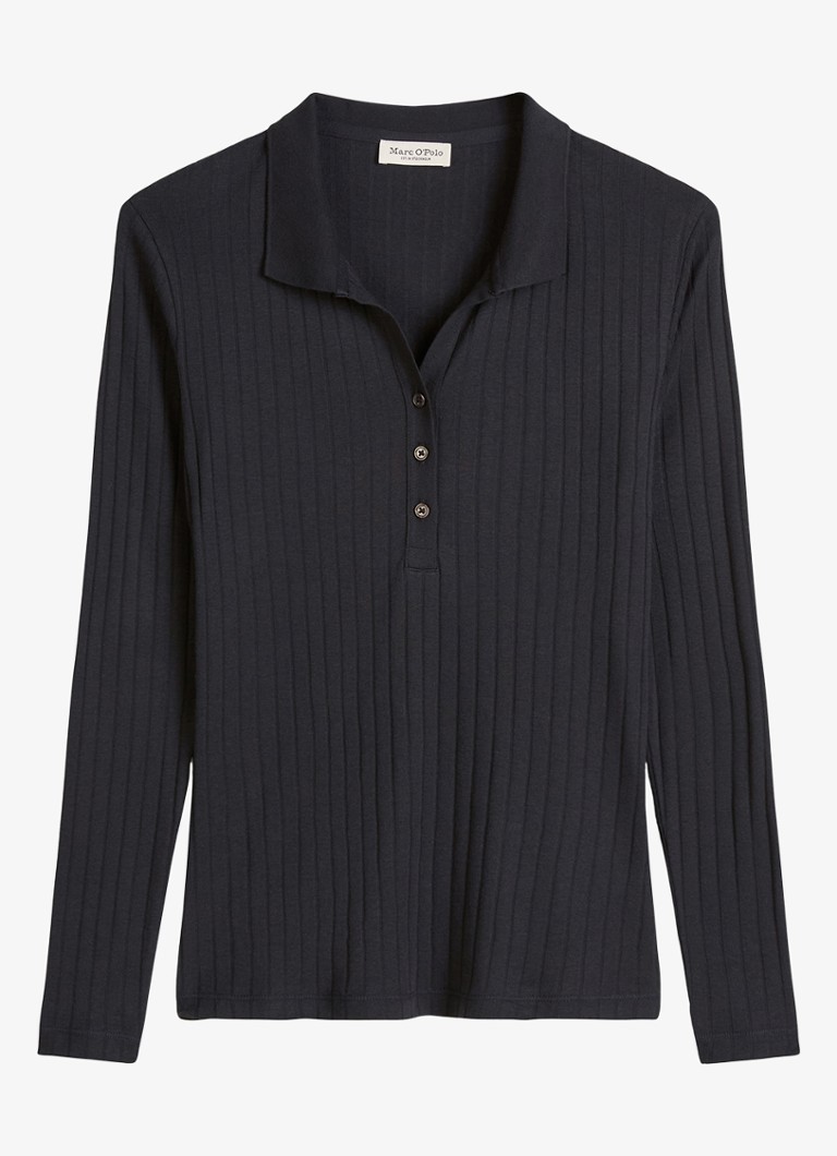 Marc O'Polo Dames Longsleeve in katoenblend met polokraag in de kleur Donkerblauw