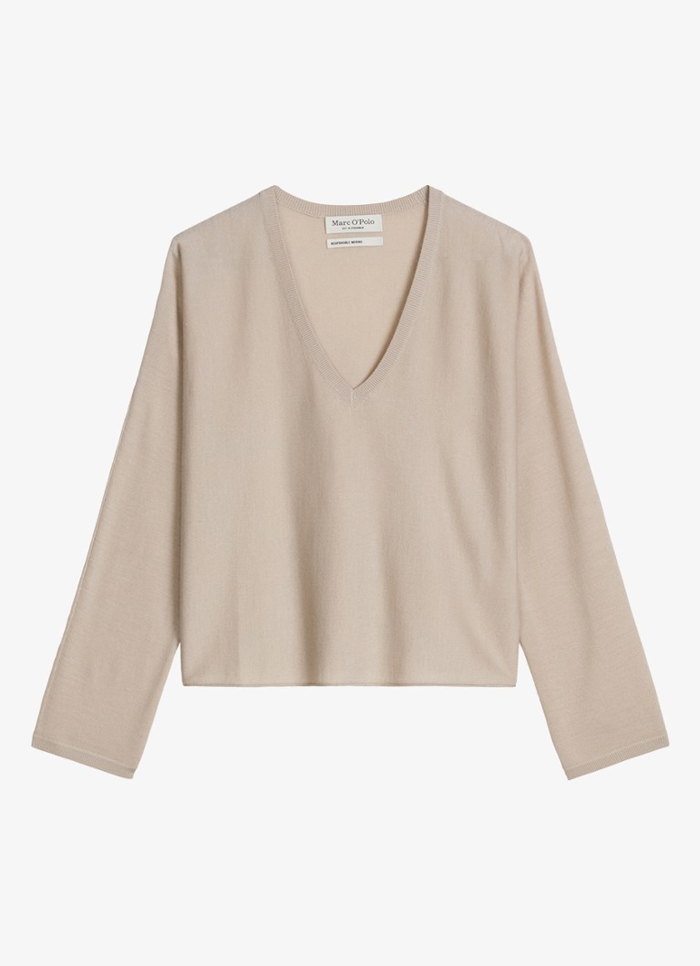 Marc O'Polo Dames Fijngebreide trui in wolblend met V-hals in de kleur Beige