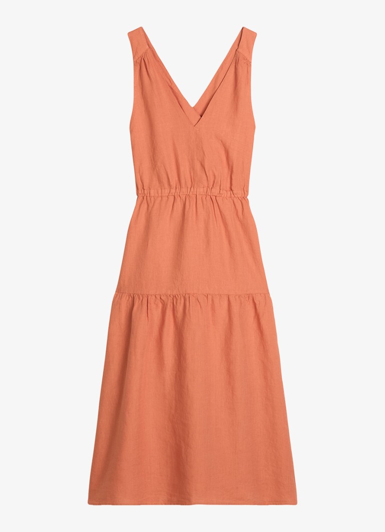 Marc O'Polo Dames Midi jurk van linnen met plooien in de kleur Warm Orange-9326 / Oranje