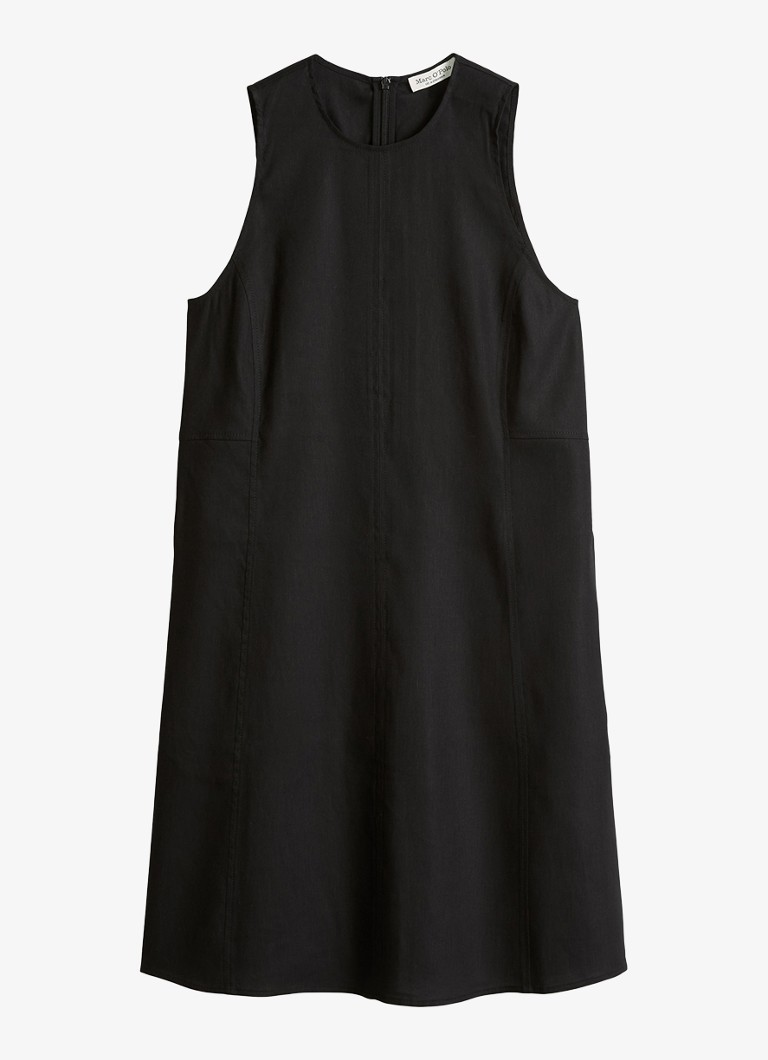 Marc O'Polo Dames Mini jurk in linnenblend met ronde hals in de kleur Black-0001 / Zwart