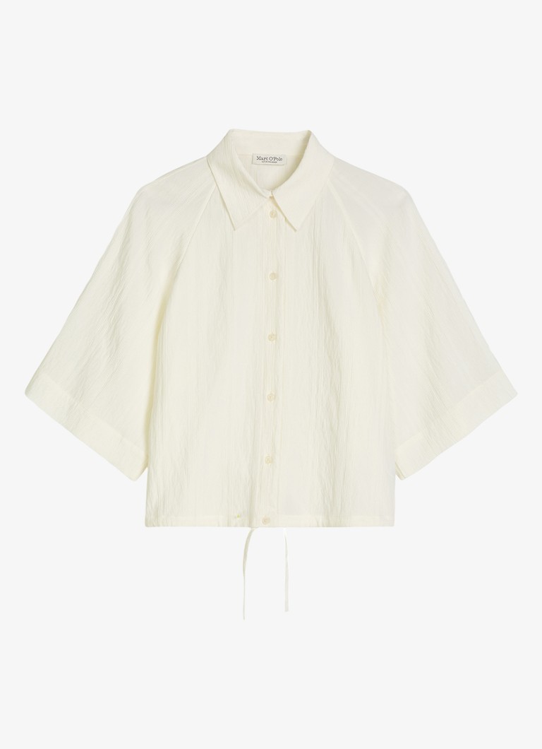 Marc O'Polo Dames Cropped blouse met korte mouw en strik detail in de kleur White Multi 01 / Wit