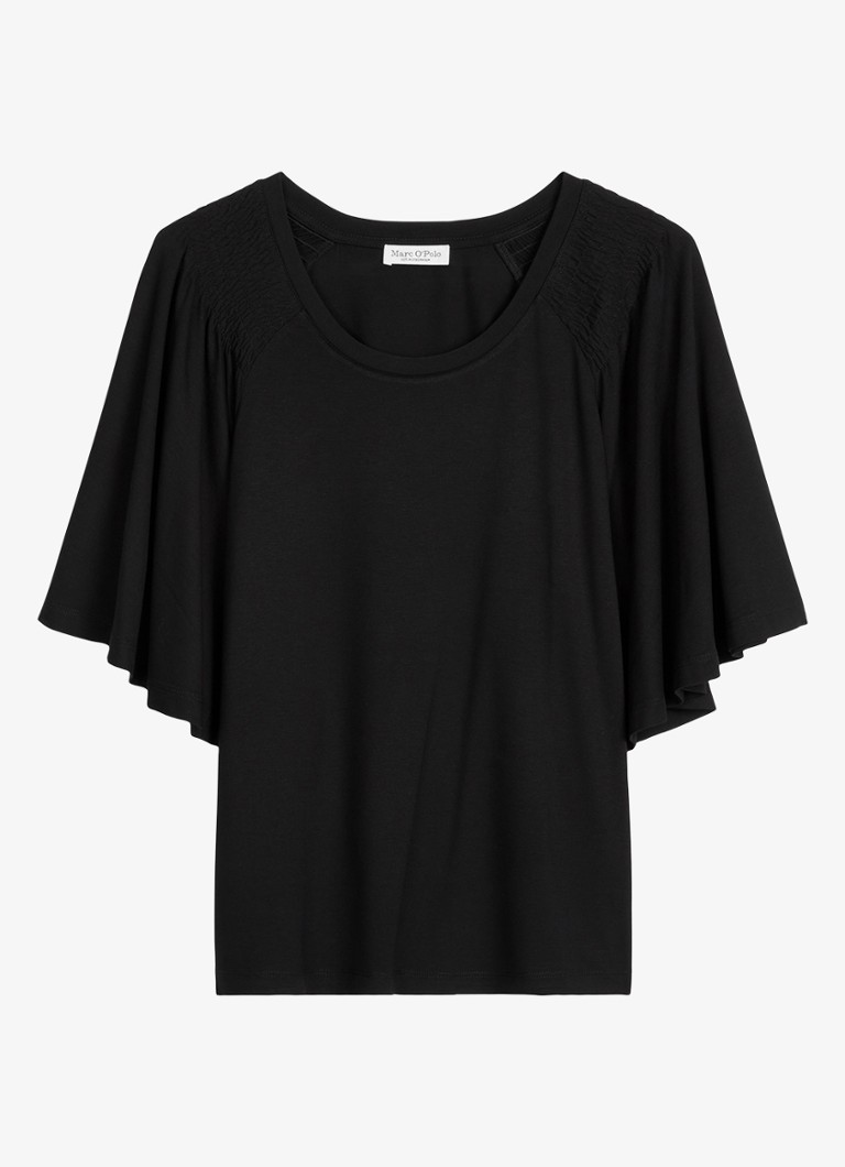 Marc O'Polo Dames Relaxte T-shirt blouse met smockwerk in de kleur Black / Zwart
