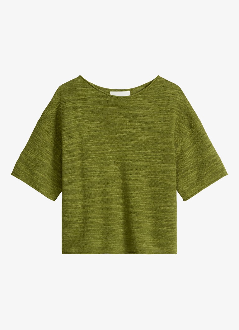 Marc O'Polo Dames Trui in katoen-linnenblend met bateauhals in de kleur Shaded Fern / Groen