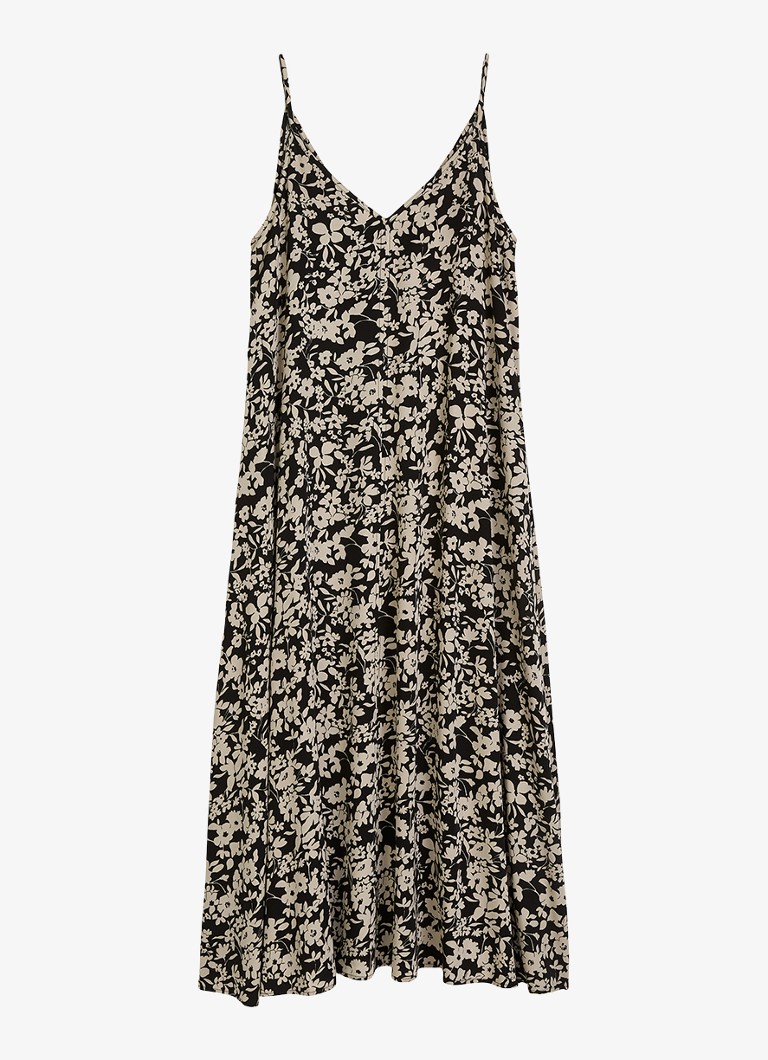 Marc O'Polo Dames Midi jurk met V-hals en bloemenprint in de kleur Black Multi 03 / Zwart