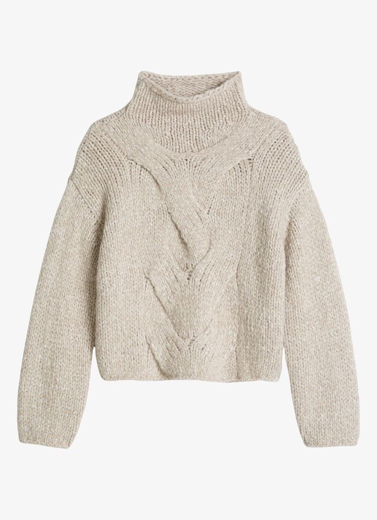 Marc O'Polo Dames Grofgebreide trui in alpaca wolblend met opstaande kraag in de kleur Light Brown Multi / Lichtbruin