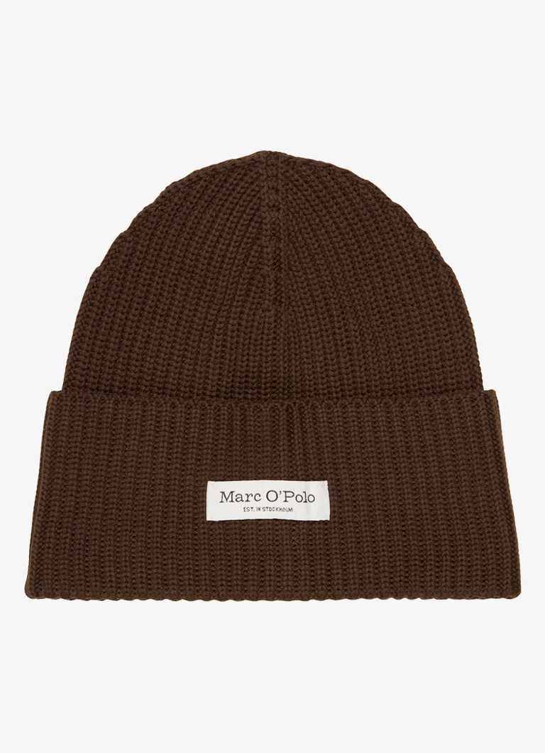 Marc O'Polo Dames Ribgebreide muts met logo in de kleur Burnt Coffee / Bruin