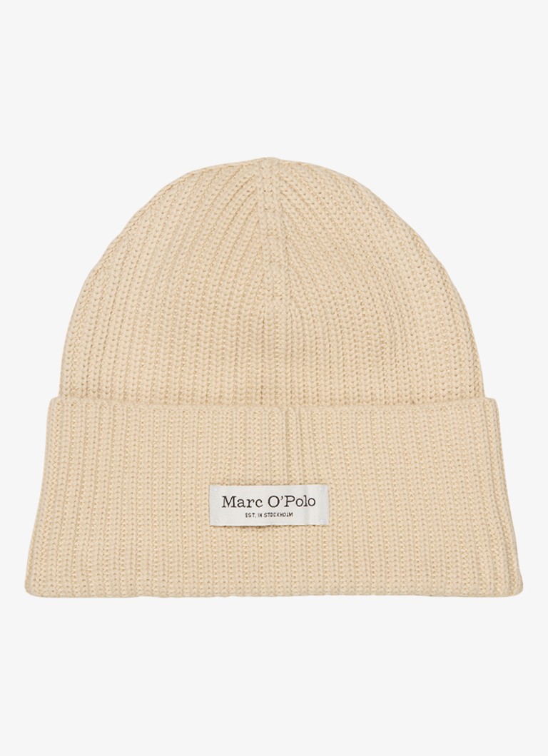 Marc O'Polo Dames Ribgebreide muts met logo in de kleur Smokey Sands / Crème