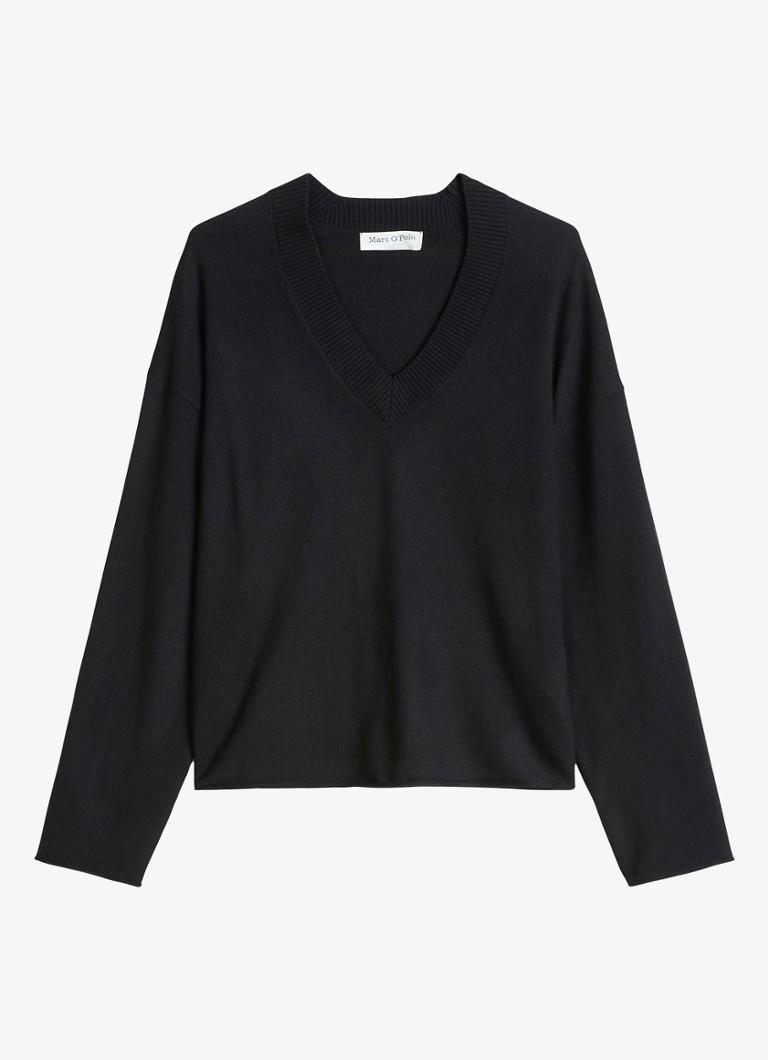 Marc O'Polo Dames Fijngebreide pullover in scheelwolblend met V-hals in de kleur Black / Zwart