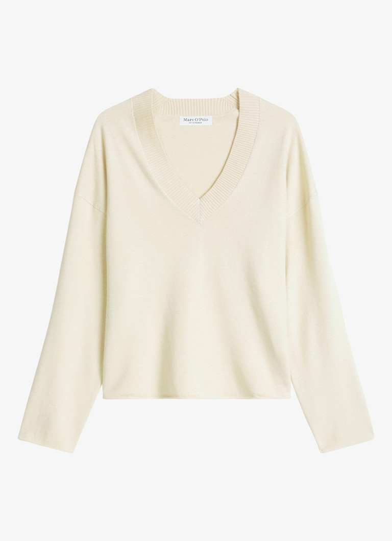 Marc O'Polo Dames Fijngebreide pullover in scheelwolblend met V-hals in de kleur Smokey Sands / Crème
