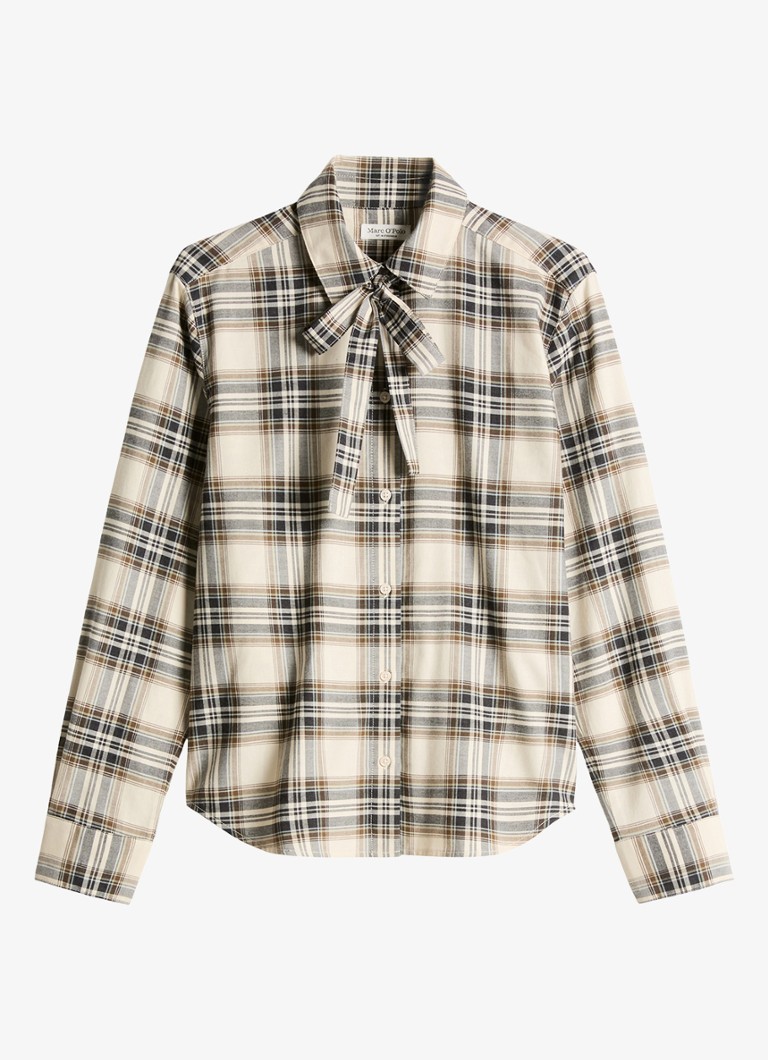 Marc O'Polo Dames Blouse met ruitdessin en strikdetail in de kleur Off White Multi / Wit