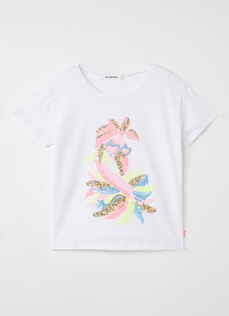 Billieblush Meisjes Flamingo T-shirt met pailletten in de kleur Wit, maat: 140