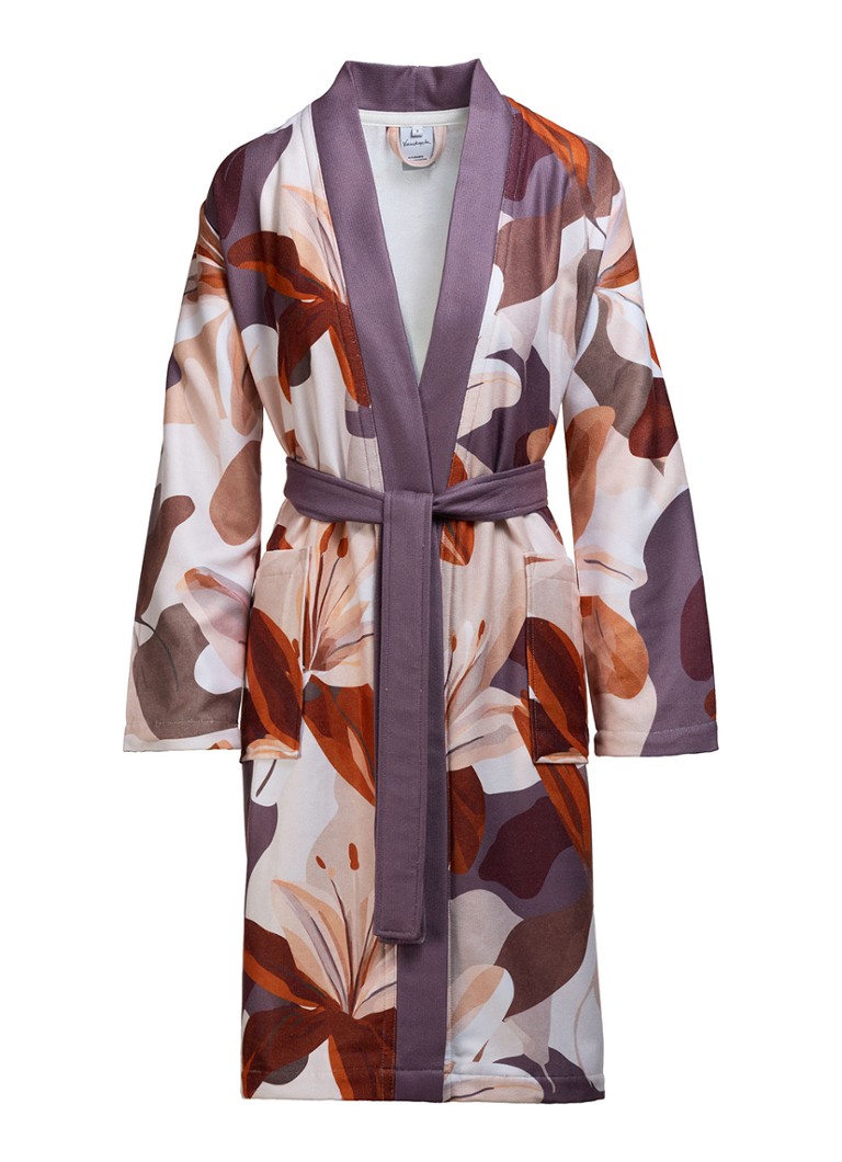Vandyck Dames Faye badjas met bloemenprint in de kleur Aubergine, maat: S