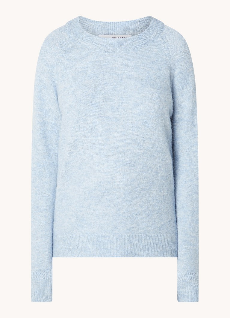 Selected Dames Lulu fijngebreide trui in alpaca wolblend in de kleur Lichtblauw, maat: L