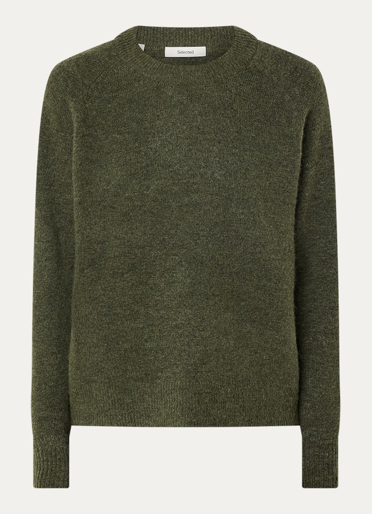 Selected Dames Lulu fijngebreide pullover in wolblend in de kleur Olijfgroen, maat: XL